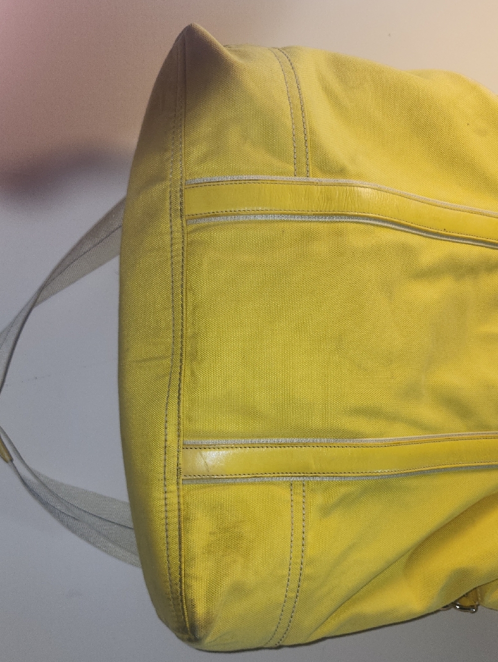 Coach Huge Yellow Canvas Tote Brown Leather Handles Travel Shoulder Strap Silver - Picture 12 of 17